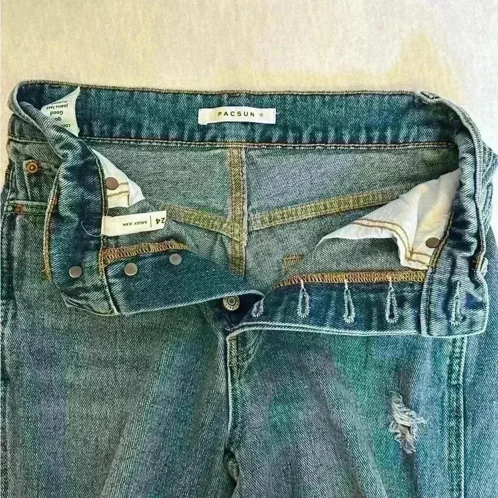 PacSun Women's Baggy Denim Jeans Distressed Wide Leg Button Fly Wide Leg Size 24 - Picture 3 of 11
